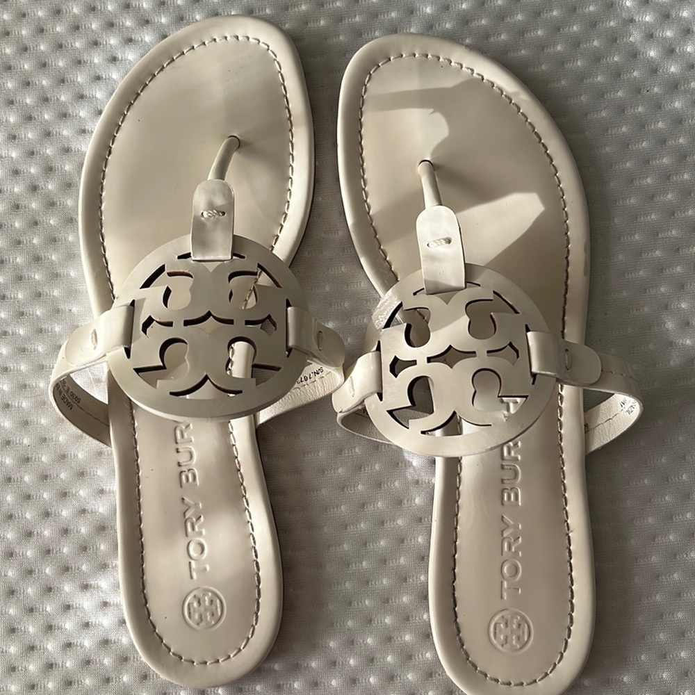 Tory Burch White Patent Miller Logo Thong Sandals